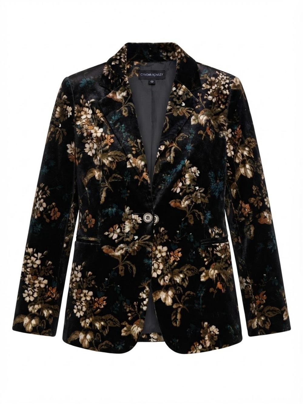 Cynthia Rowley Black Velvet Floral Blazer with Gold Accents